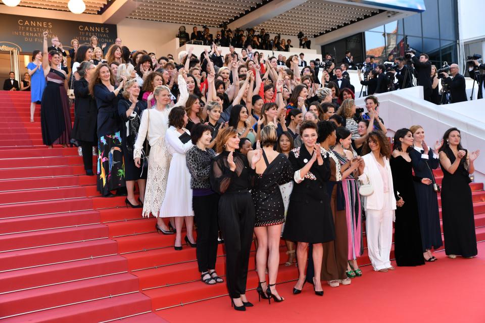 Jury president Cate Blanchett with other actresses and female directors stand on the steps at the red carpet in protest of the lack of female filmmakers honored of the festival during the screening of the film 'Girls of the Sun (Les Filles du Soleil)' in competition at  the 71st Cannes Film Festival, France on May 12, 2018. (Photo by Mustafa Yalcin/Anadolu Agency/Getty Images)