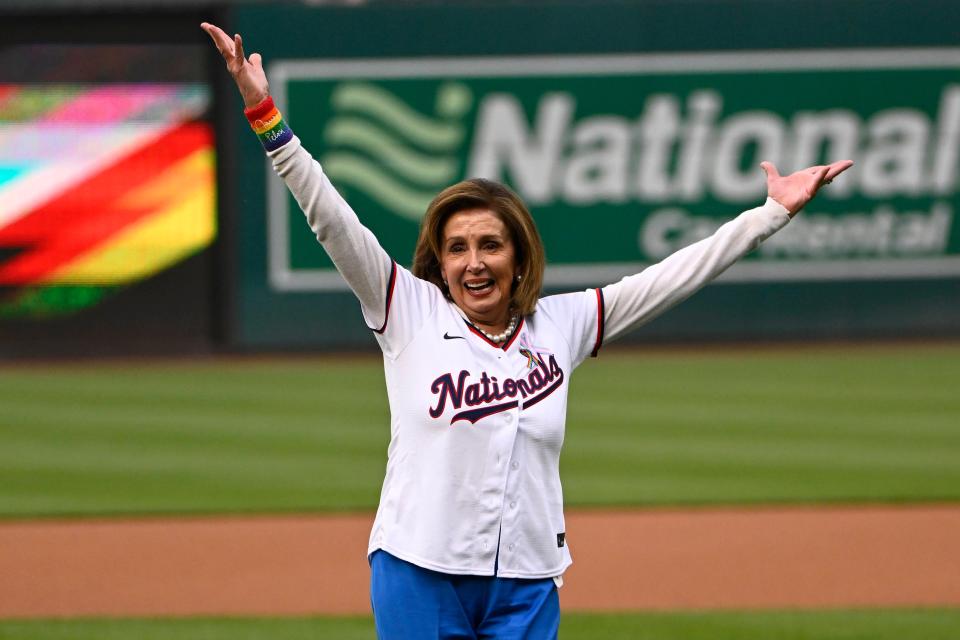 Former House of Representative Speaker Nancy Pelosi throws out the ceremonial first pitch before the game between the Nationals and the Diamondbacks.