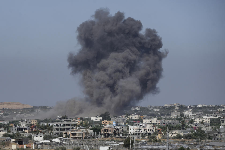 FILE - Smoke rises following an Israeli airstrike in Rafah, Gaza Strip, on May 30, 2024. An AP analysis of Gaza Health Ministry data finds the proportion of Palestinian women and children being killed in the Israel-Hamas war appears to have declined sharply. Israel faces heavy international criticism over unprecedented levels of civilian casualties in Gaza. (AP Photo/Abdel Kareem Hana, File)