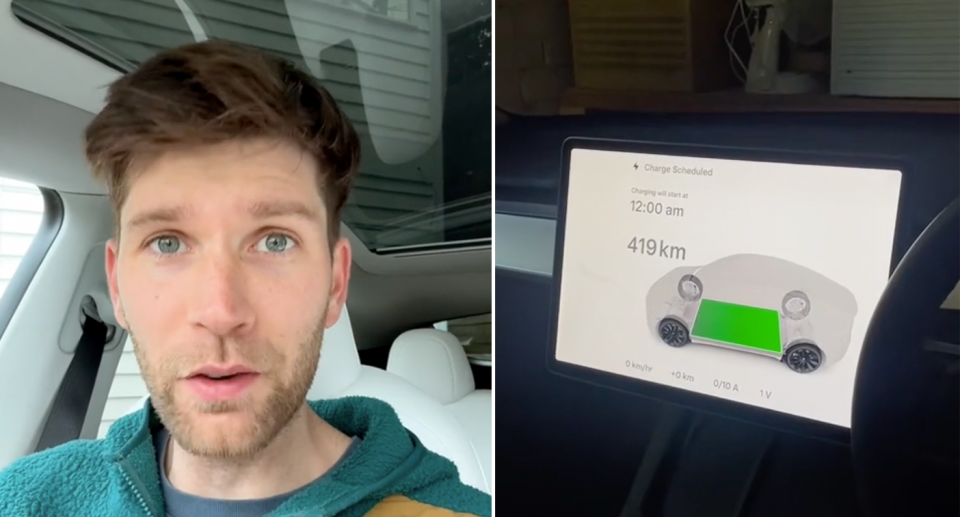 Ryan pictured facing the camera (left) and hjs Tesla dashboard showing a full battery charge (right). 