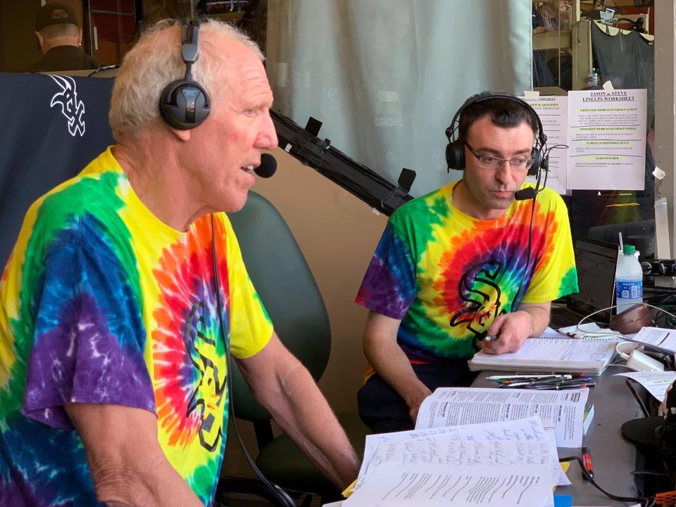 Bill Walton does commentary on NBC Sports Chicago for the Chicago White Sox's baseball game against the Los Angeles Angels on Friday, Aug. 16, 2019, in Anaheim, Calif. Walton was calling the game on an invitation from the White Sox and announcer Jason Benetti, right.