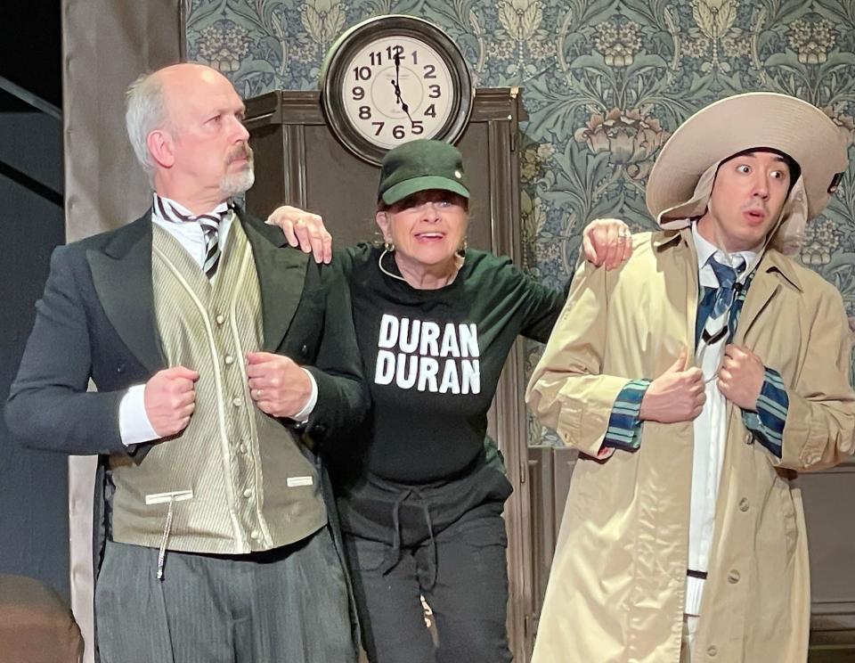 David Wickham, Shelly Lillibridge and Quinn Wherley rehearse a scene from "The Play that Goes Wrong" opening for the Coshocton Footlight Players at the Triple Locks Theater.