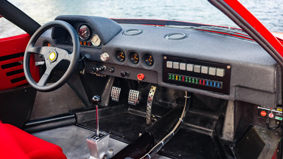 The interior of a 1987 Ferrari 288 GTO Evoluzione.