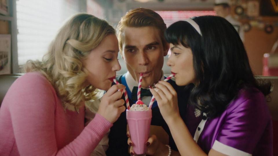 From left, Lili Reinhart as Betty Cooper, KJ Apa as Archie Andrews and Camila Mendes as Veronica Lodge on “Riverdale.” (The CW)