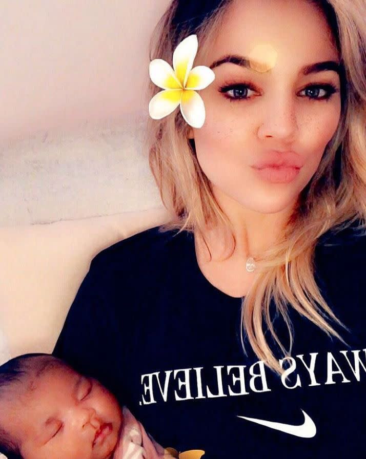 Khloe Kardashian had fun with a few Snapchat filters while her daughter True snoozed away on May 26, 2018. The first time mom snapped a mother-daughter photo for Instagram on Saturday with the caption "Mommy's Little Love".