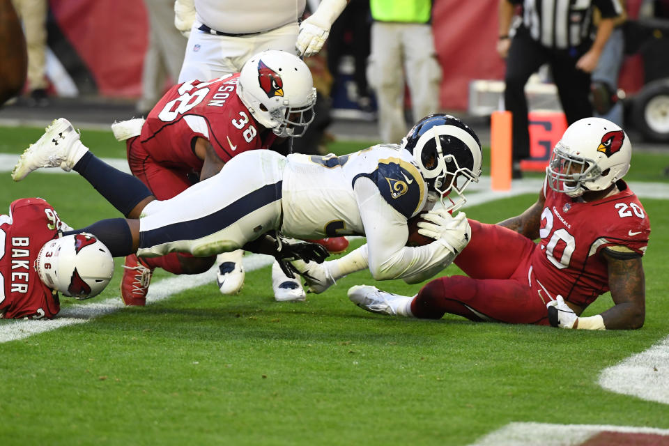 Rams running back C.J. Anderson picks up his first rushing touchdown of the season while filling in admirably for Todd Gurley. (Photo by Norm Hall/Getty Images)