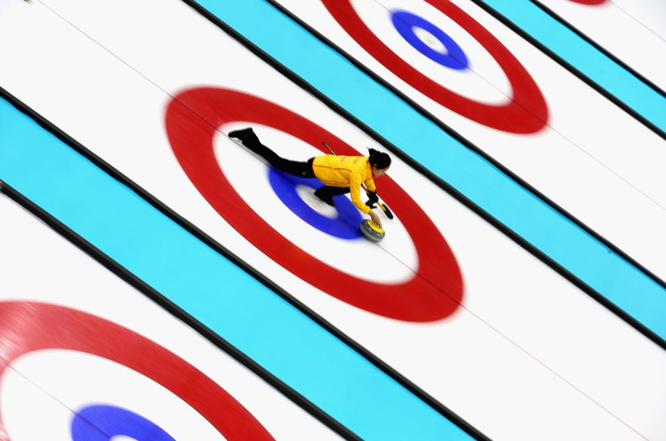 Qingshuang Yue of China during curling training on day 1 of the Sochi 2014 Winter Olympics at the Ice Cube on February 8, 2014 in Sochi, Russia.  