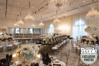 <p>The reception was held in the ballroom of the hotel, which was hung with crystal candelabras; decked out in crisp white, black, champagne and gold hues; and dressed with hundreds of roses, orchids, tulips, lisianthus and hydrangeas. </p> <p>"I wanted to be able to look back in 10 years and not regret that we chose colors that aren't popular anymore. So it was very sophisticated, elegant, timeless and classy," Heather says of the refined decor. </p>