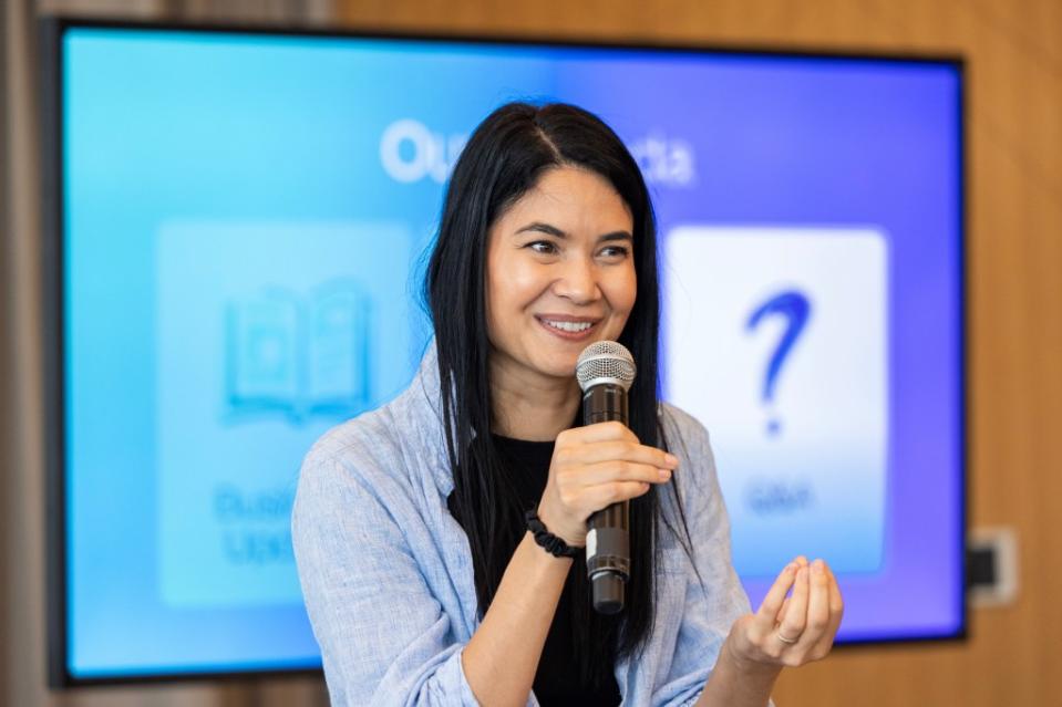 Melanie Perkins, chief executive officer and co-founder of Canva Inc., at a news conference during a Canva Create event in West Hollywood, California, US, on Wednesday, May 22, 2024. Canva's platform has gained popularity among smaller companies and Gen Zs since its inception in 2013, and more recently sought to attract larger enterprise customers. Photographer: Alisha Jucevic/Bloomberg via Getty Images