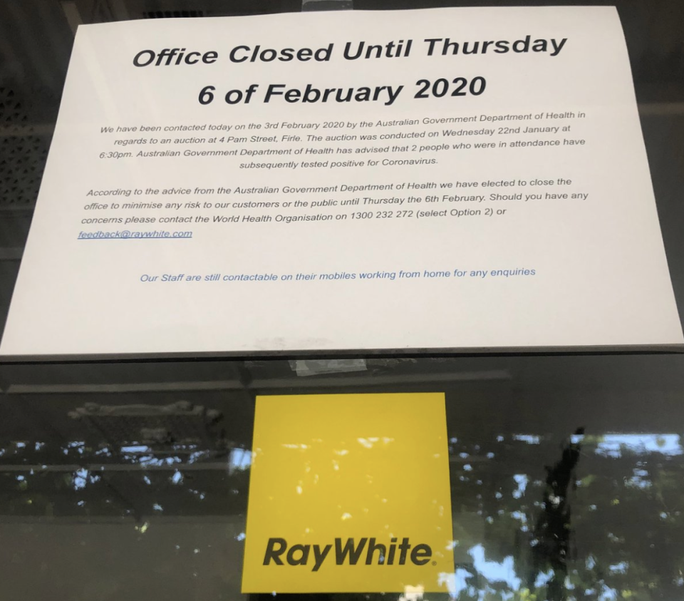 Pictured is a notice in the window of Ray White Dulwich informing customers it will be closed.