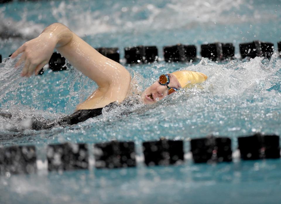 Perry’s Sophie Baker competes in Girls 100 Yard Backstroke in 2024 OHSAA Division I State Swimming Prelims at C.T. Branin Natatorium in Canton. Friday, February 23, 2024.