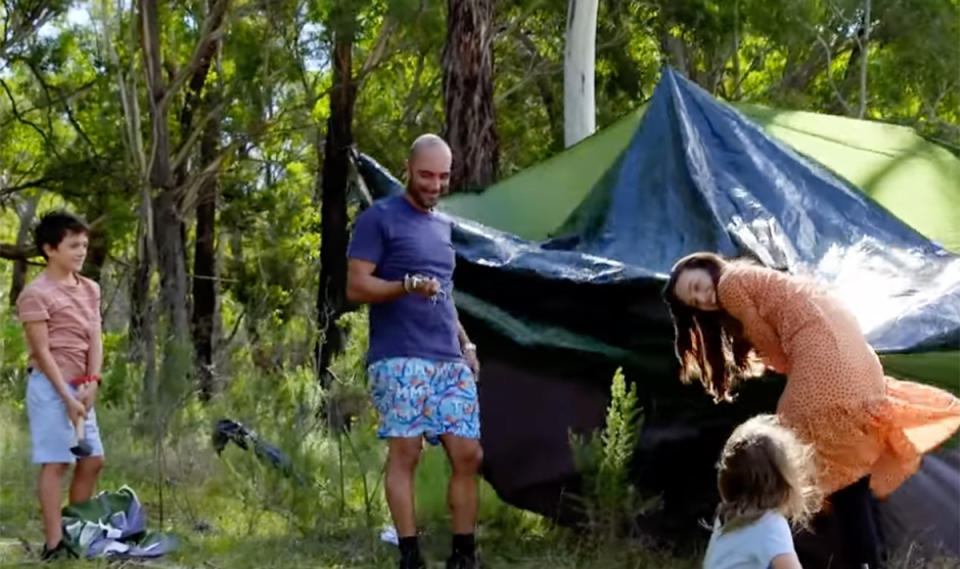 Parental Guidance 'free range' parents Penny and Daniel set up a tent in the bush with their two children. Photo: Channel Nine.