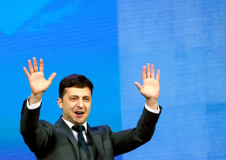 Presidential candidate Volodymyr Zelenskiy attends a policy debate with his rival, Ukraine's President Petro Poroshenko, at the National Sports Complex Olimpiyskiy stadium in Kiev, Ukraine April 19, 2019. REUTERS/Valentyn Ogirenko