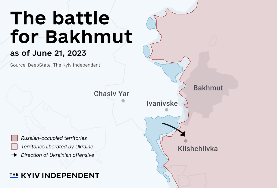 This battlefield map shows the state of the battle for Bakhmut as of June 21, 2023. (Lisa Kukharska)