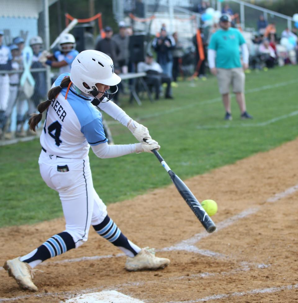 John Jay-East Fishkill's Hannah Greer at bat during a game versus Mahopac on April 24, 2023. She will be playing at Pitt next year.