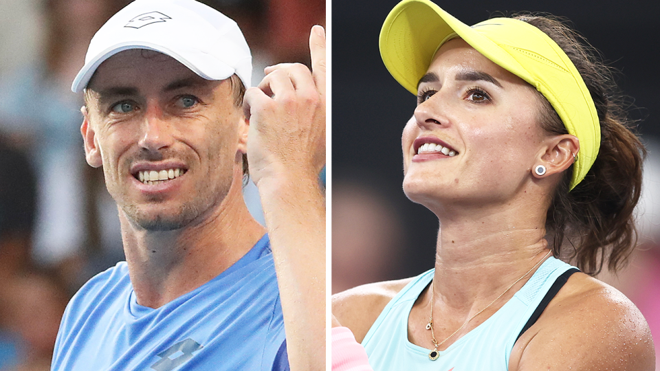 John Millman reacts to a point and Arina Rodionova gestures.