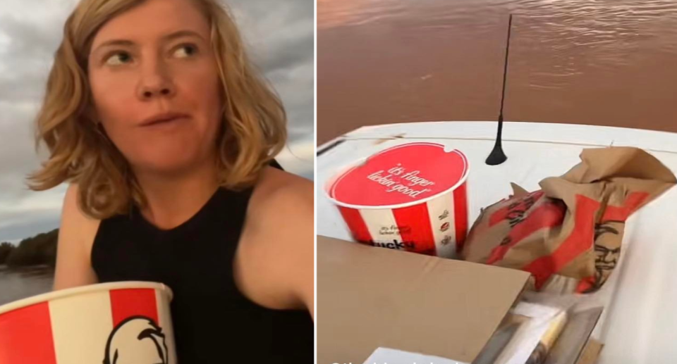TikTok useer eating chicken nugget out of bucket, and KFC bucket and bag sat on top of car in flood waters. Source: TikTok/@the.blue.is.in.danger