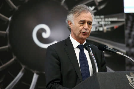Safran Chief Executive Philippe Petitcolin delivers speech during the inauguration of the Safran Aircraft Engines plant in Queretaro, Mexico, February 21, 2018. REUTERS/Edgard Garrido
