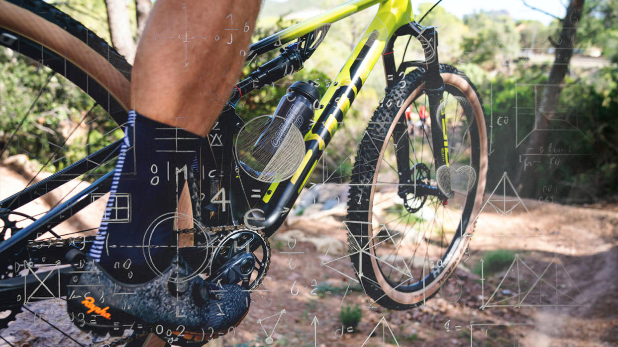  A close up of a mountain bike with geometry imagery overlaid. 