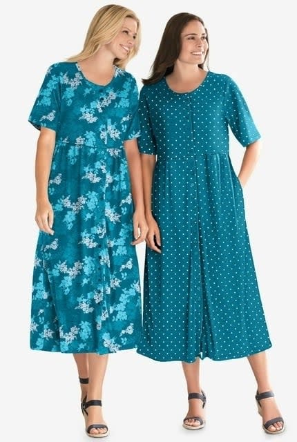 Two models wearing floral and polka dot teal midi dresses with short sleeves, paired with sandals
