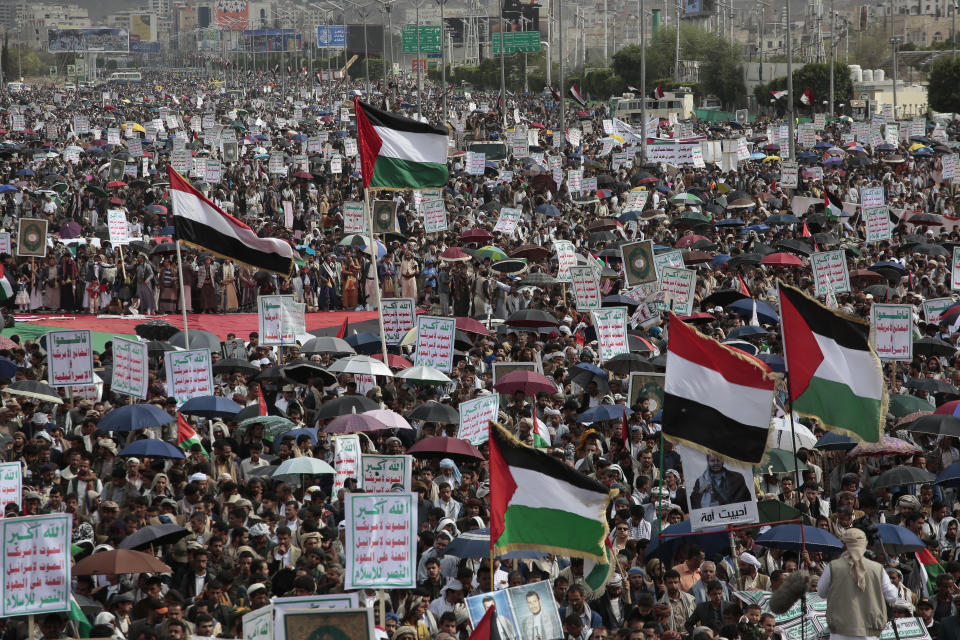 Houthi supporters attend anti-Israel and anti-U.S. protests in Sanaa, Yemen, Friday, June 14, 2024. (AP Photo/Osamah Abdulrahman)