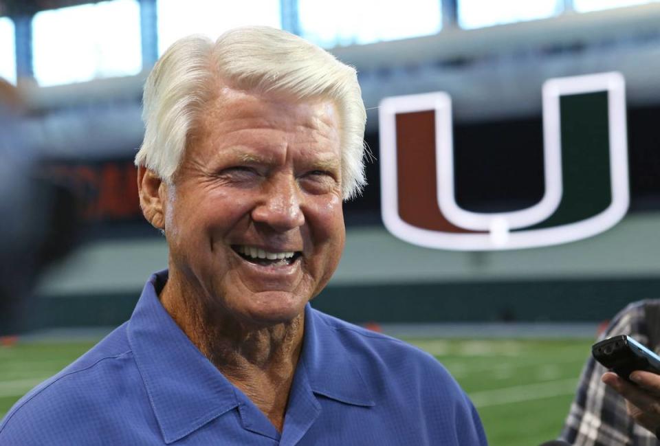 Former Miami Hurricanes coach Jimmy Johnson talks to the media after practice at the University of Miami Greentree Practice Field in Coral Gables on Aug. 21.