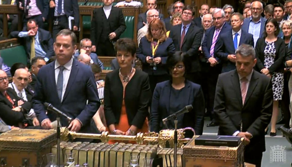 MPs line up to vote in the House of Commons as the Government’s flagship Brexit legislation returns to the house (PA Images)