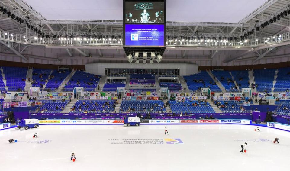 Inside the Gangneung Ice Arena in South Korea, where the 2018 Winter Olympic figure skating events are held.