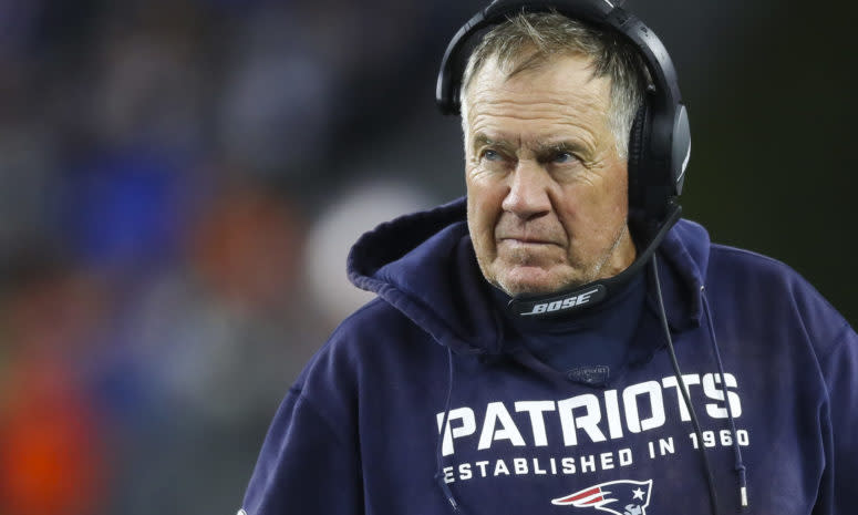 Patriots head coach Bill Belichick on the field in Foxboro.