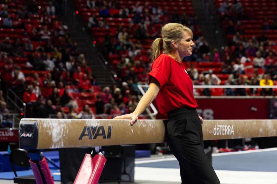 Utah gymnastics coach Carly Dockendorf watches during the Red Rocks Preview at the Jon M. Huntsman Center in Salt Lake City on Friday, Dec. 15, 2023. | Megan Nielsen, Deseret News