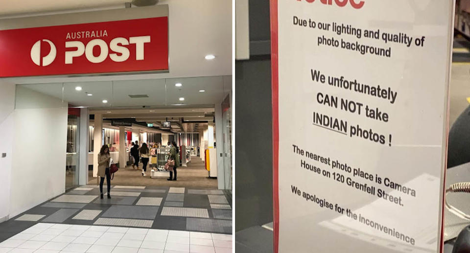 A photo of the outside of an Australian Post store in City Cross shopping centre in Adelaide and another photo of their sign about passport photos.