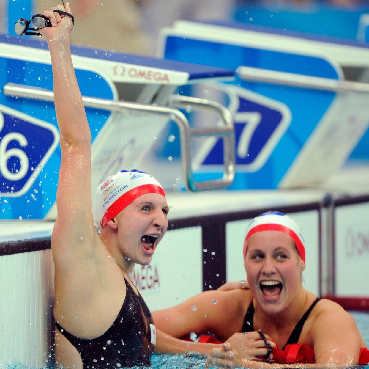 Adlington, left, and her teammate Joanne Jackson after Adlington won the gold medal in the 400m freestyle final at the Beijing Olympics