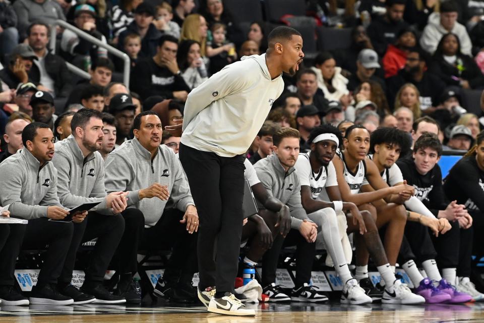 Jan 13, 2024; Providence, Rhode Island, USA; Providence Friars head coach Kim English reacts during the first half against the Xavier Musketeers at Amica Mutual Pavilion.