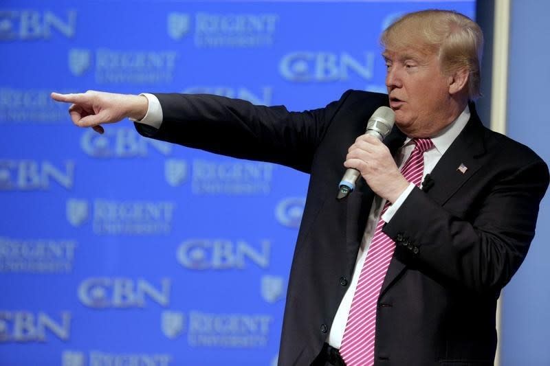 U.S. Republican presidential candidate Donald Trump speaks at a campaign event at Regents University in Virginia Beach, Virginia February 24, 2016. REUTERS/Joshua Roberts    