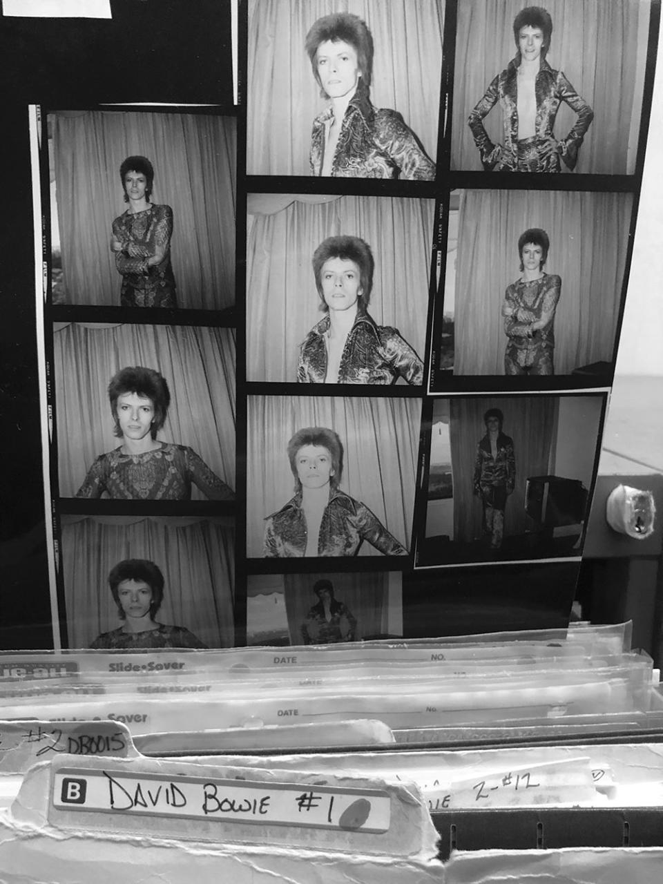 A proof sheet of David Bowie photos in the 2,000-square-foot cottage Ochs built for his archive behind his Venice home. It’s since been converted into a gym for him and his wife.