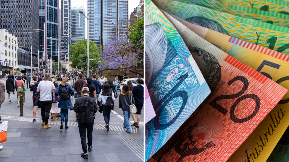 Cost of living: People cross a busy street in the Sydney CBD and Australian cash.