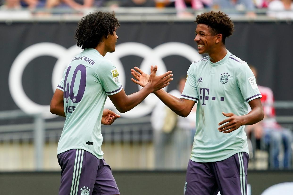 KLAGENFURT, AUSTRIA - JULY 21: Joshua Zirkzee of FC Bayern Muenchen and Chris Richards of FC Bayern Muenchen celebrates celebrates a goal during the AUDI Football Summit match between Bayern Muenchen and Paris St. Germain at Woerthersee Stadion on July 21, 2018 in Klagenfurt, Austria. (Photo by Josef Bollwein - Sepa Media/Bongarts/Getty Images)
