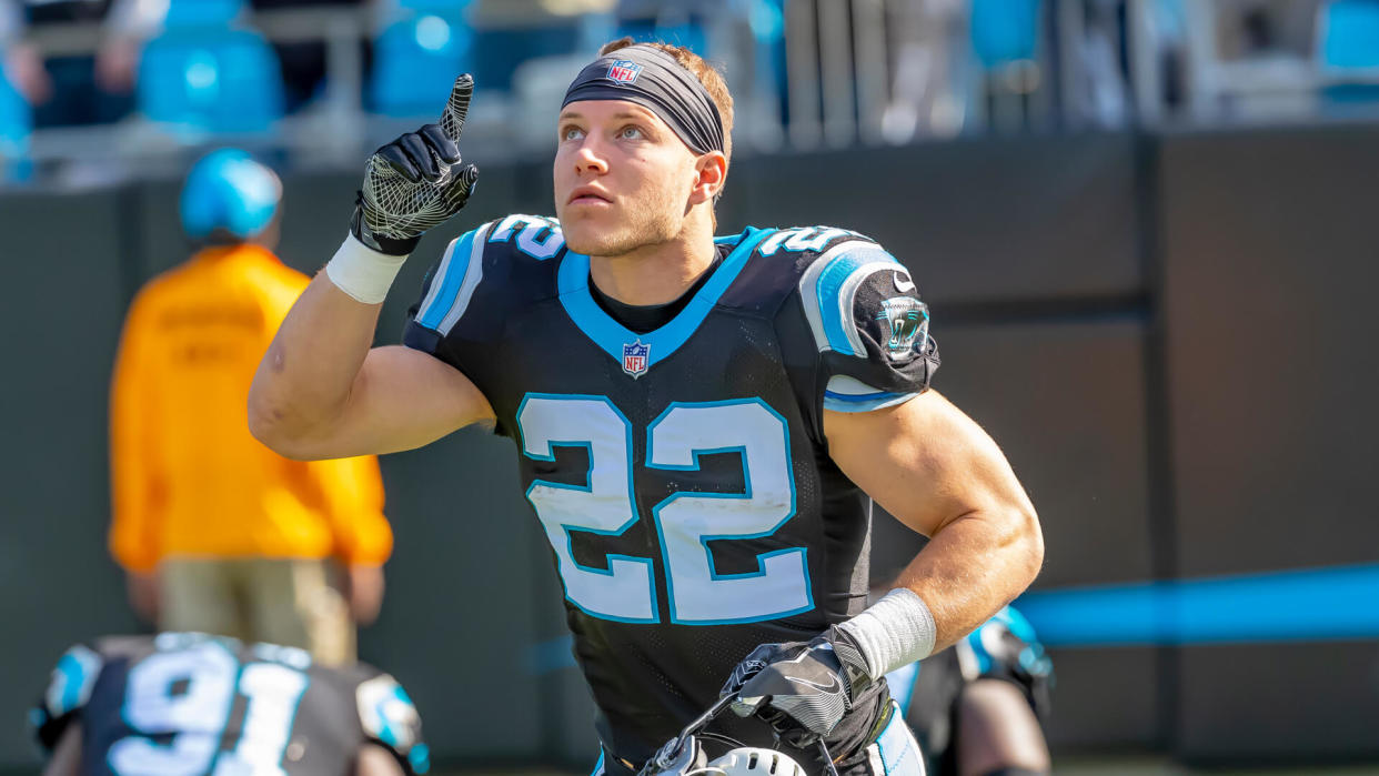 November 25, 2018 - Christian MCCAFFREY (22) runs against the visiting Seattle Seahawks at Bank Of America Stadium in Charlotte, NC.