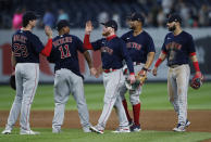 Boston Red Sox center fielder Alex Verdugo, center, celebrates with teammates after the Red Sox defeated the New York Yankees 7-3 in a baseball game Saturday, June 5, 2021, in New York. (AP Photo/Noah K. Murray)