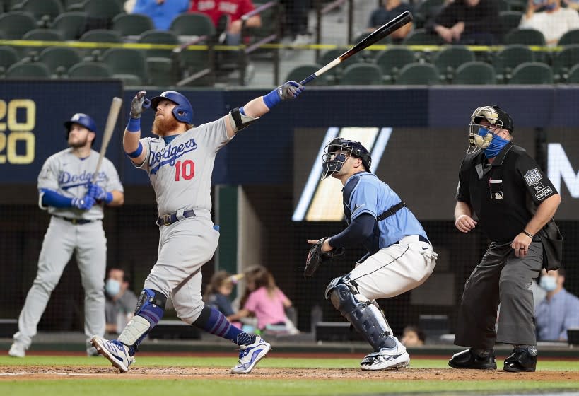 Arlington, Texas, Sunday, October 25, 2020 Los Angeles Dodgers third baseman Justin Turner (10) flies out in game five of the World Series at Globe Life Field. (Robert Gauthier/ Los Angeles Times)