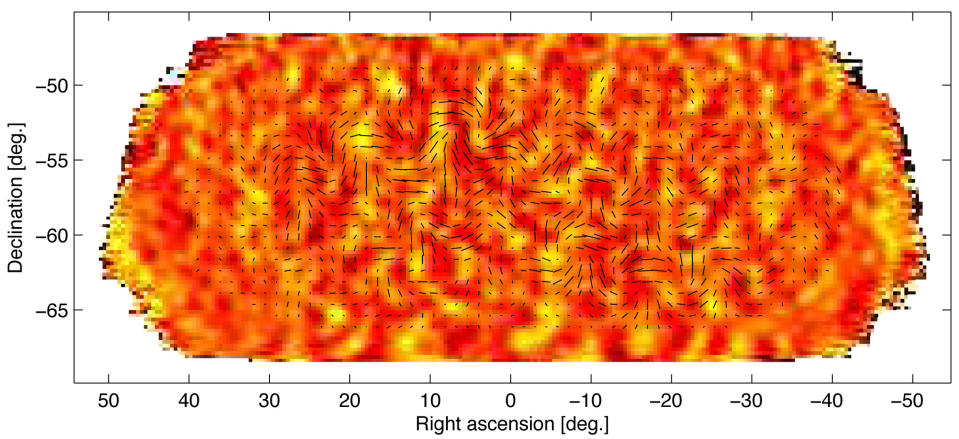 This image provided by the BICEP2 Collaboration shows slight temperature fluctuations, indicated by variations in color, of the cosmic microwave background of a small patch of sky and the orientation of its polarization, shown as short black lines. Researchers say since the cosmic microwave background is a form of light, it exhibits all the properties of light, including polarization. The changes in a particular type of polarization, indicated here, are theorized to be caused by gravitational waves. These waves are signals of an extremely rapid inflation of the universe in its first moments. (AP Photo/BICEP2 Collaboration)