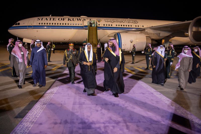 Saudi Crown Prince, Mohammed bin Salman receives Kuwait's Crown Prince, Sheikh Meshal Al-Ahmad Al-Jaber Al-Sabah as he arrives for the Gulf Summit in Riyadh, Saudi Arabia