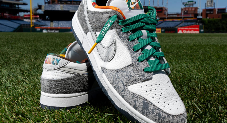 A pair of Nike Dunk 'Philly' sneaker, which will be released on May 30. 