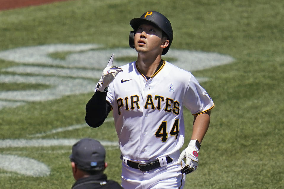 Pittsburgh Pirates' Hoy Park crosses home plate after hitting a solo home run off San Francisco Giants starting pitcher Alex Cobb during the third inning of a baseball game in Pittsburgh, Sunday, June 19, 2022. (AP Photo/Gene J. Puskar)