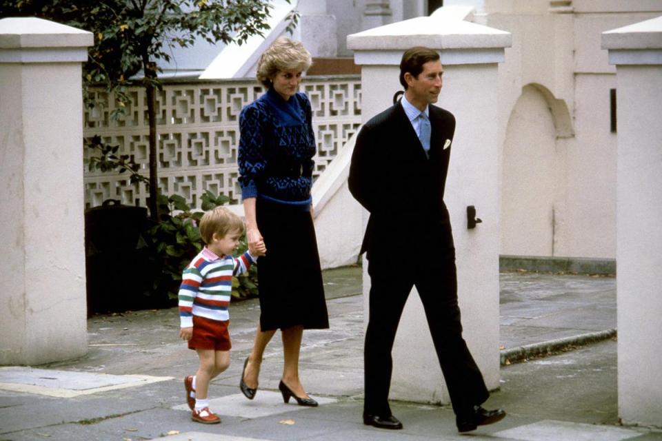 Prince William arrives for his first day of nursery school with Princess Diana and Prince Charles (PA)