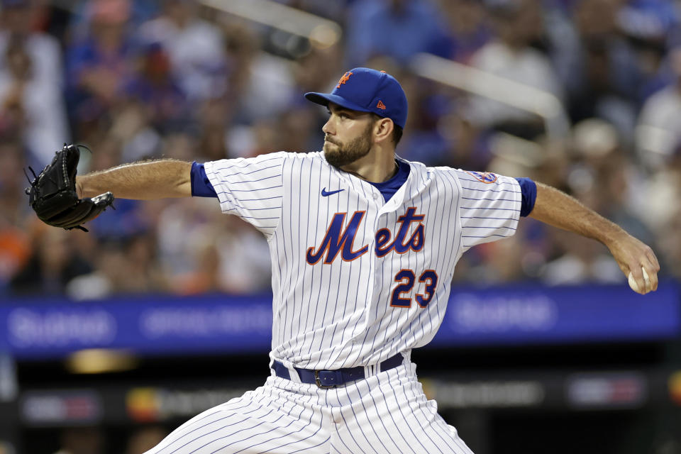 New York Mets pitcher David Peterson throws during the first inning of a baseball game against the Colorado Rockies on Saturday, Aug. 27, 2022, in New York. (AP Photo/Adam Hunger)