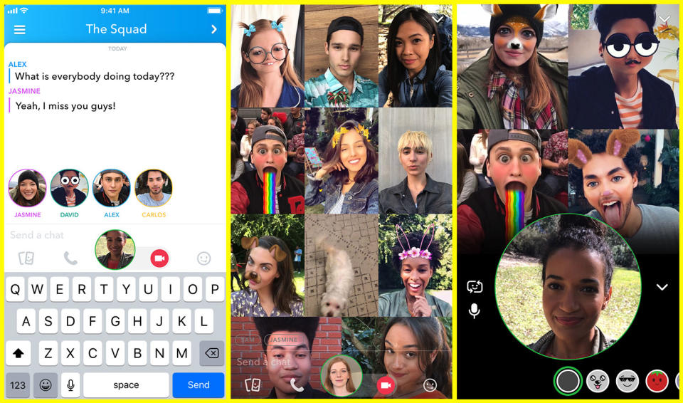 Three examples of group calling interface on Snapchat