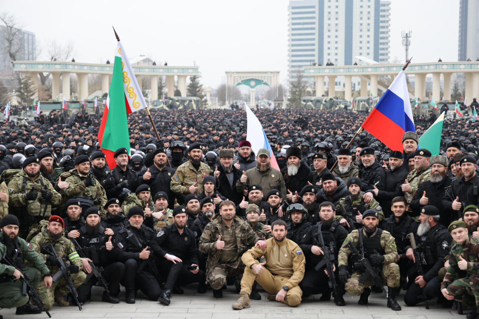 GROZNY, CHECHEN REPUBLIC, RUSSIA - FEBRUARY 25, 2022: Ramzan Kadyrov (R center), head of the Chechen Republic, takes part in a review of the Chechen Republic's troops and military hardware at the residence of Ramzan Kadyrov, head of the Chechen Republic. Early on 24 February, Russia's President Putin announced his decision to launch a special military operation after considering requests from the leaders of the Donetsk People's Republic and Lugansk People's Republic. Yelena Afonina/TASS (Photo by Yelena Afonina\TASS via Getty Images)