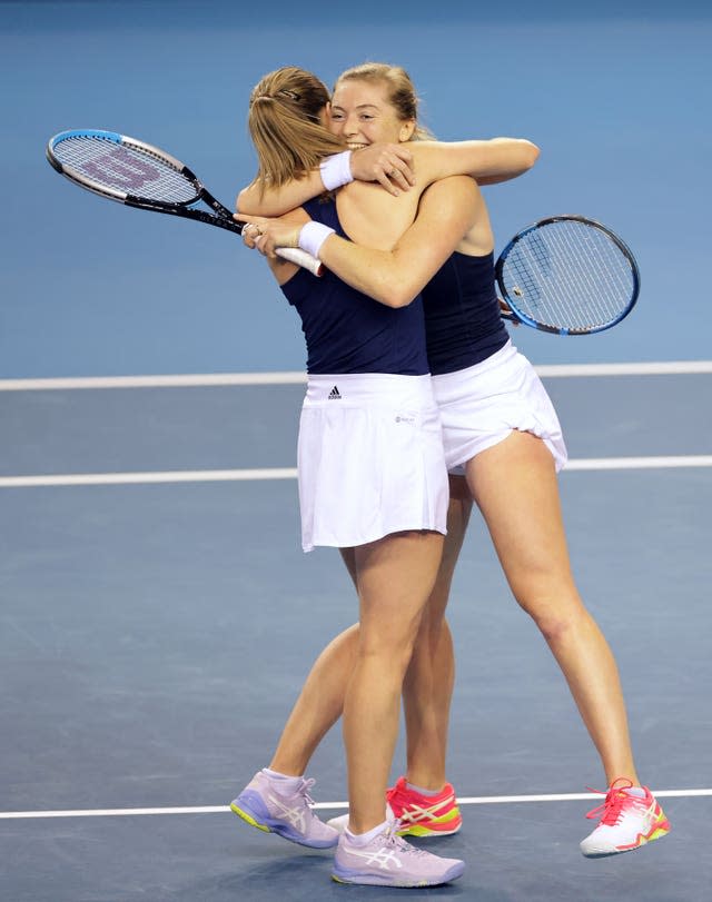 Great Britain’s Olivia Nicholls and Alicia Barnett celebrate their doubles victory in Glasgow