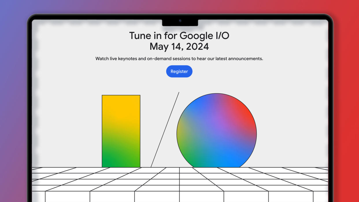  A laptop on a red and blue background showing the Google I/O 2024 homepage. 